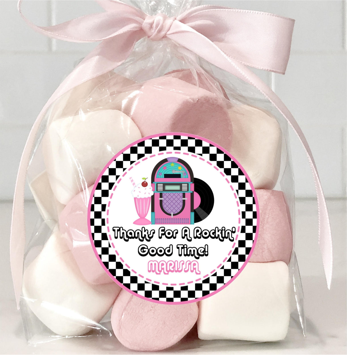 50s rock and roll birthday label with checkerboard border