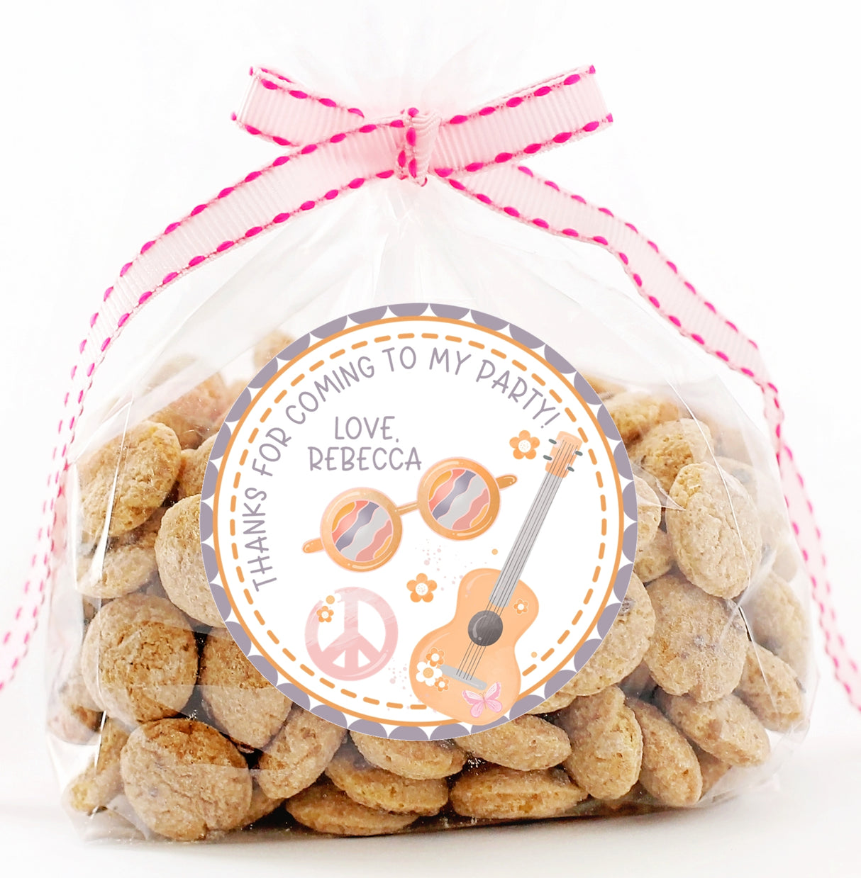 70s boho party sticker with peace symbol and custom name