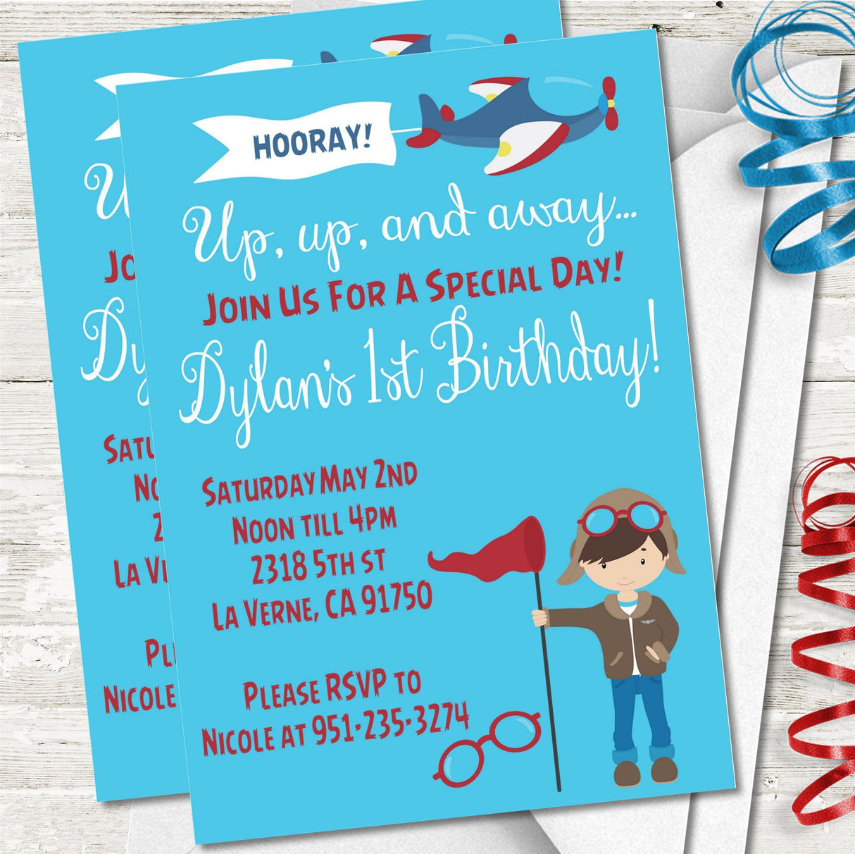 Airplane 1st Birthday Party Invitations