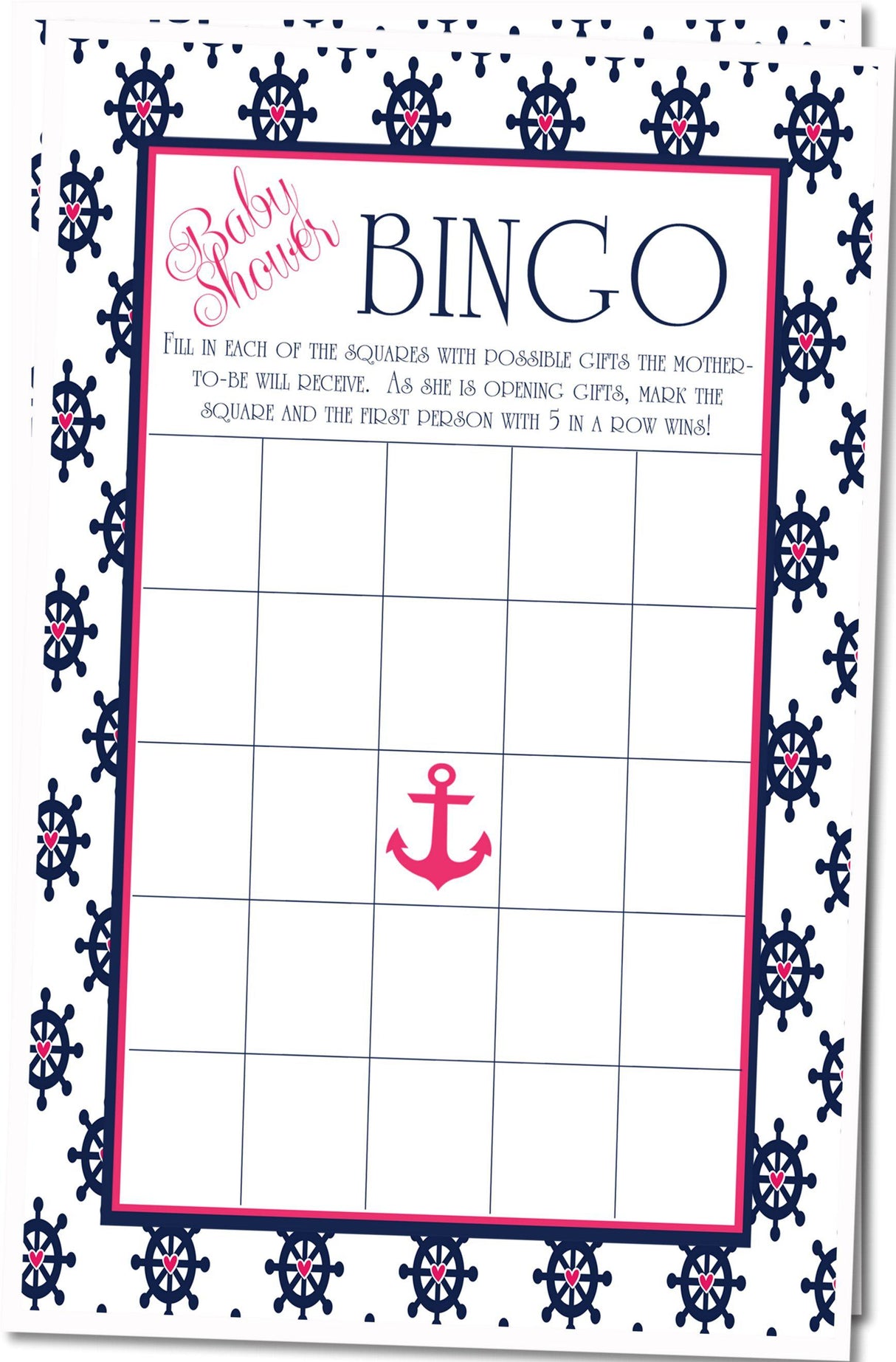 Anchor themed baby shower bingo PDF navy and pink