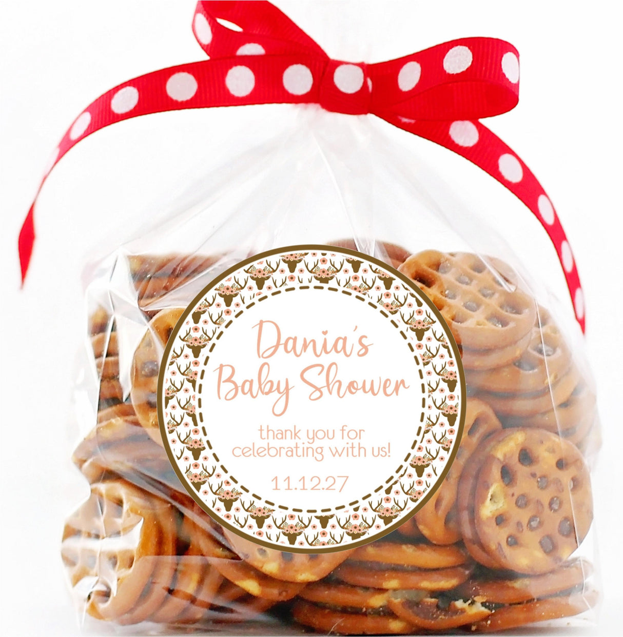 Antlers baby shower sticker with flowers in peach and brown