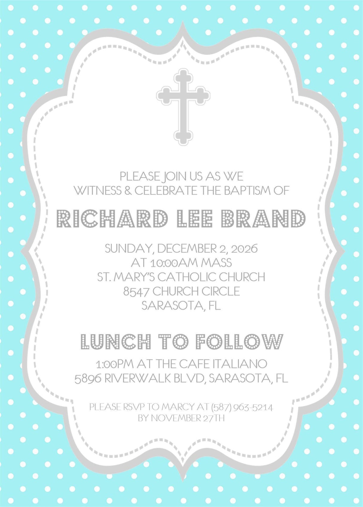 Aqua And Grey Baptism Invitations