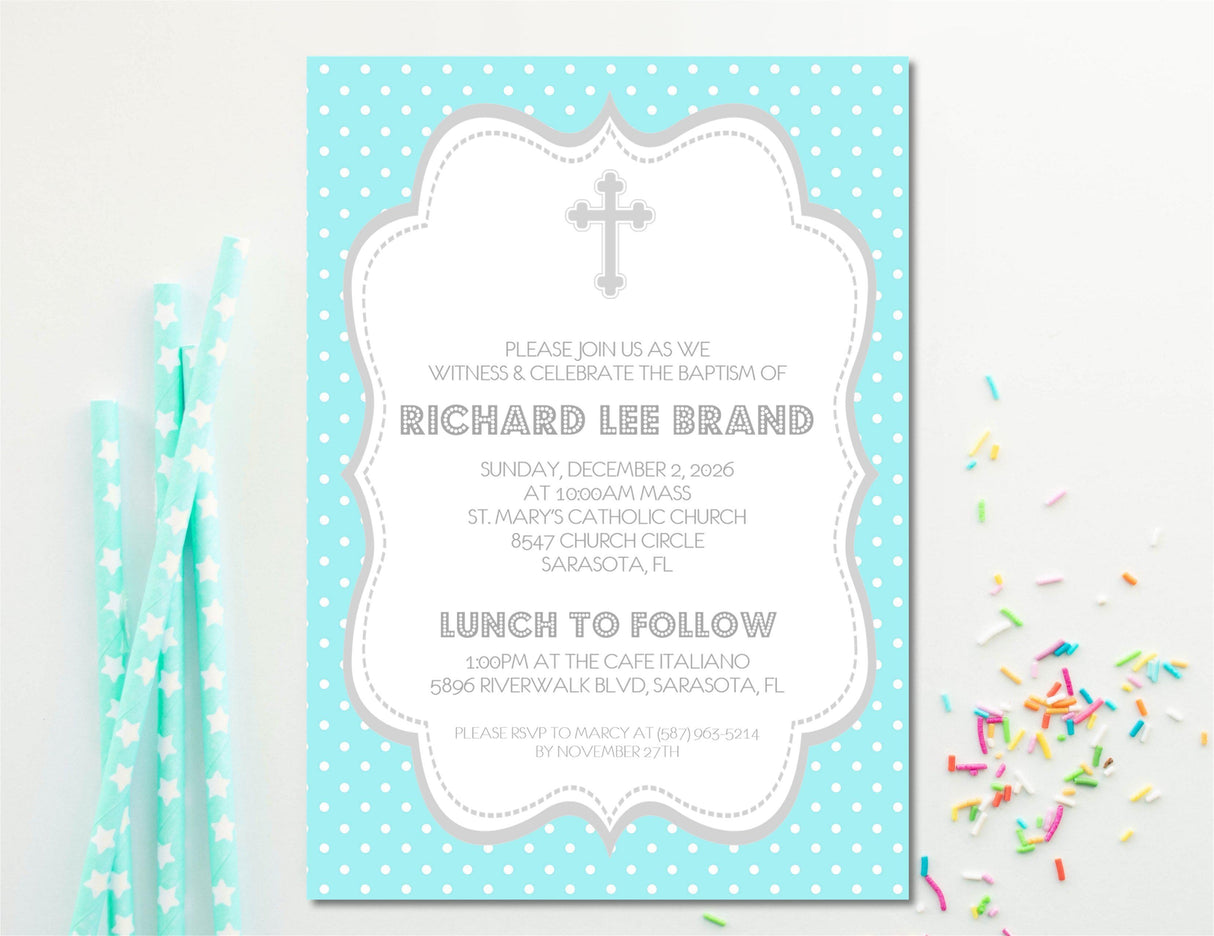 Aqua And Grey Baptism Invitations