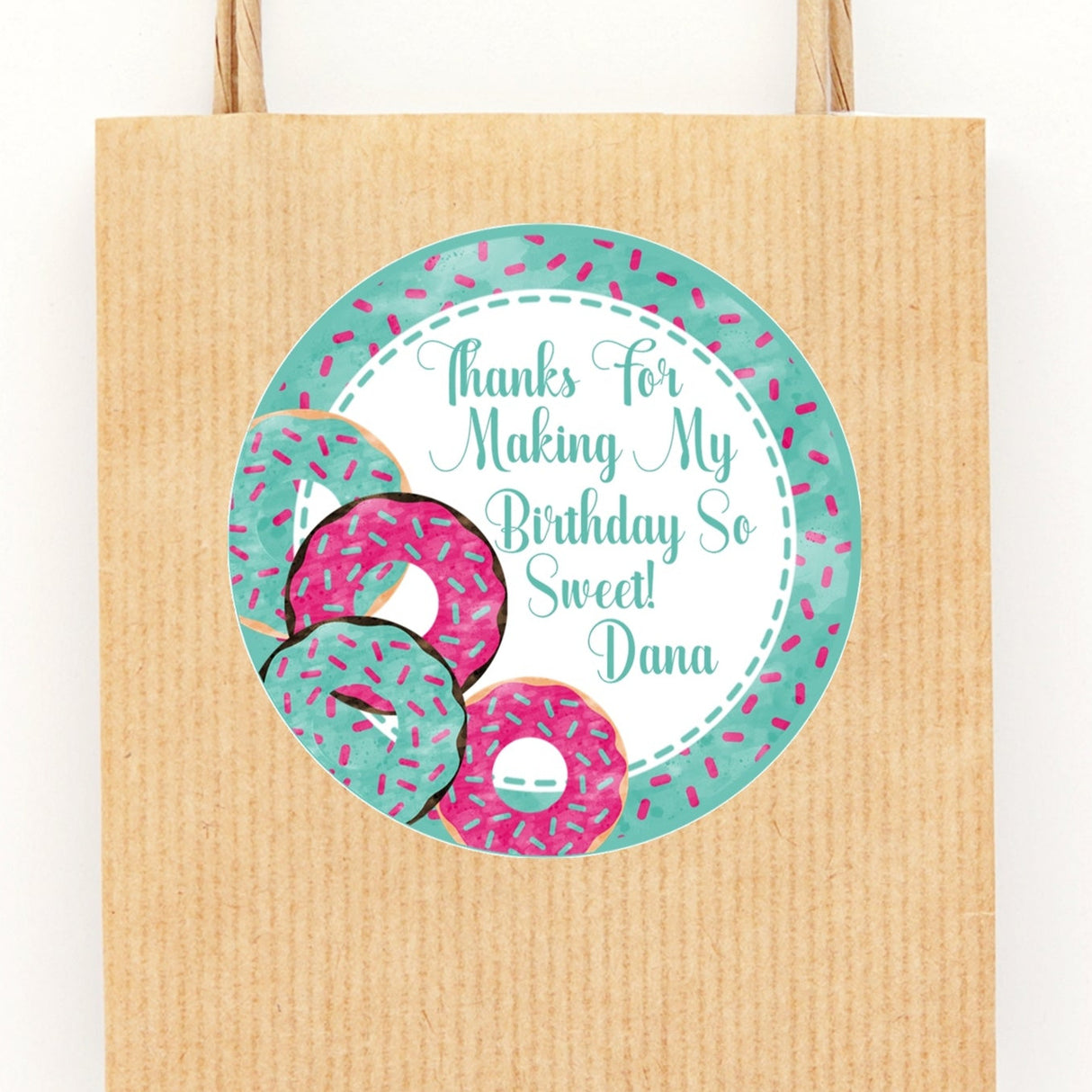 Aqua and hot pink donut birthday sticker with personalized name
