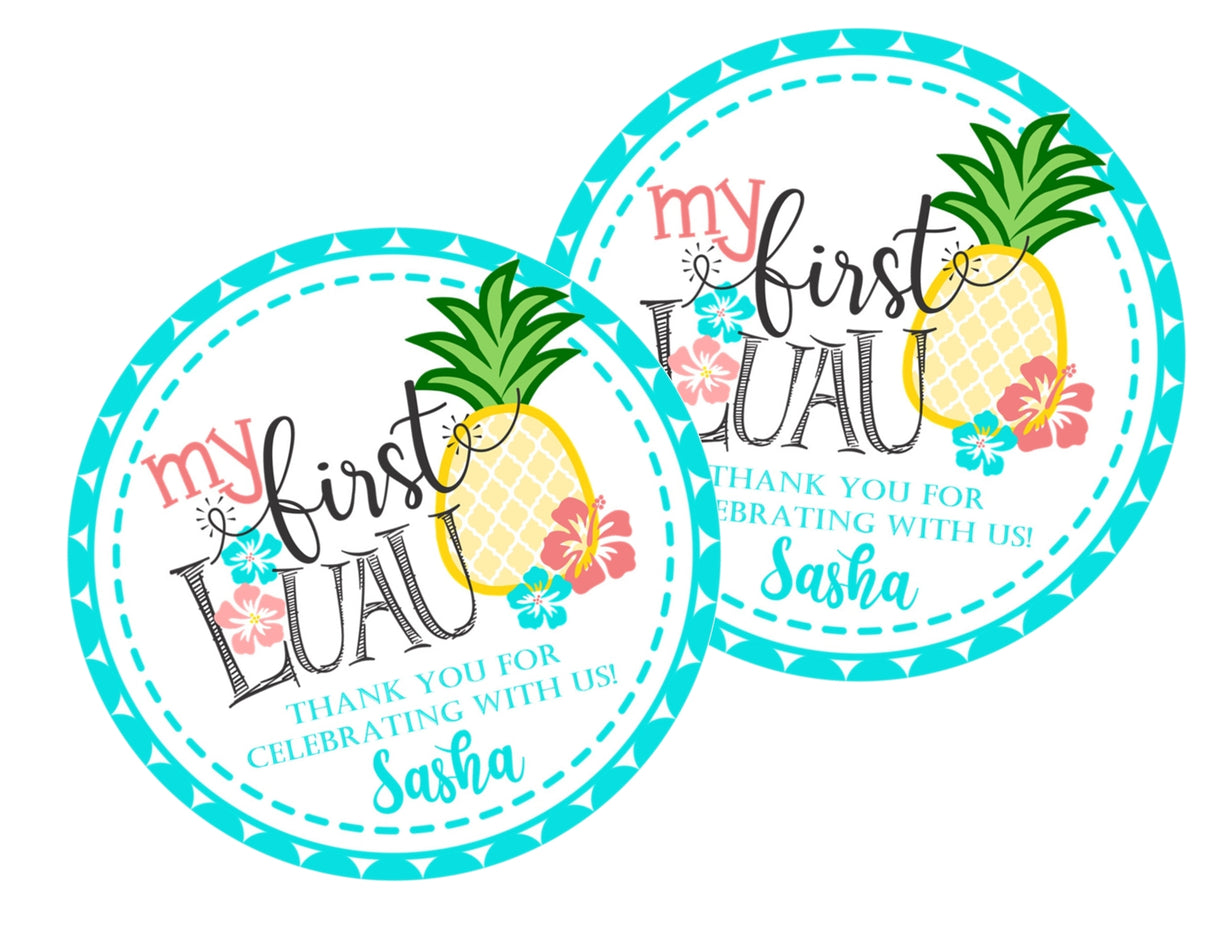 Aqua and pink luau first birthday favor label with personalized name