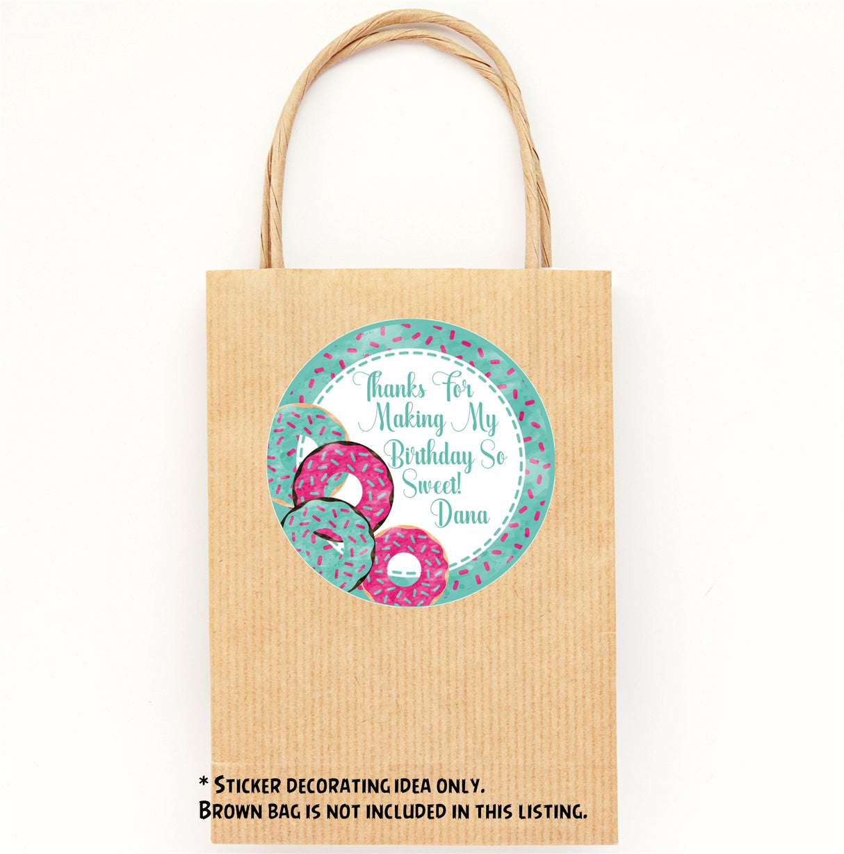 Aqua donut treat bag sticker for girls birthday party