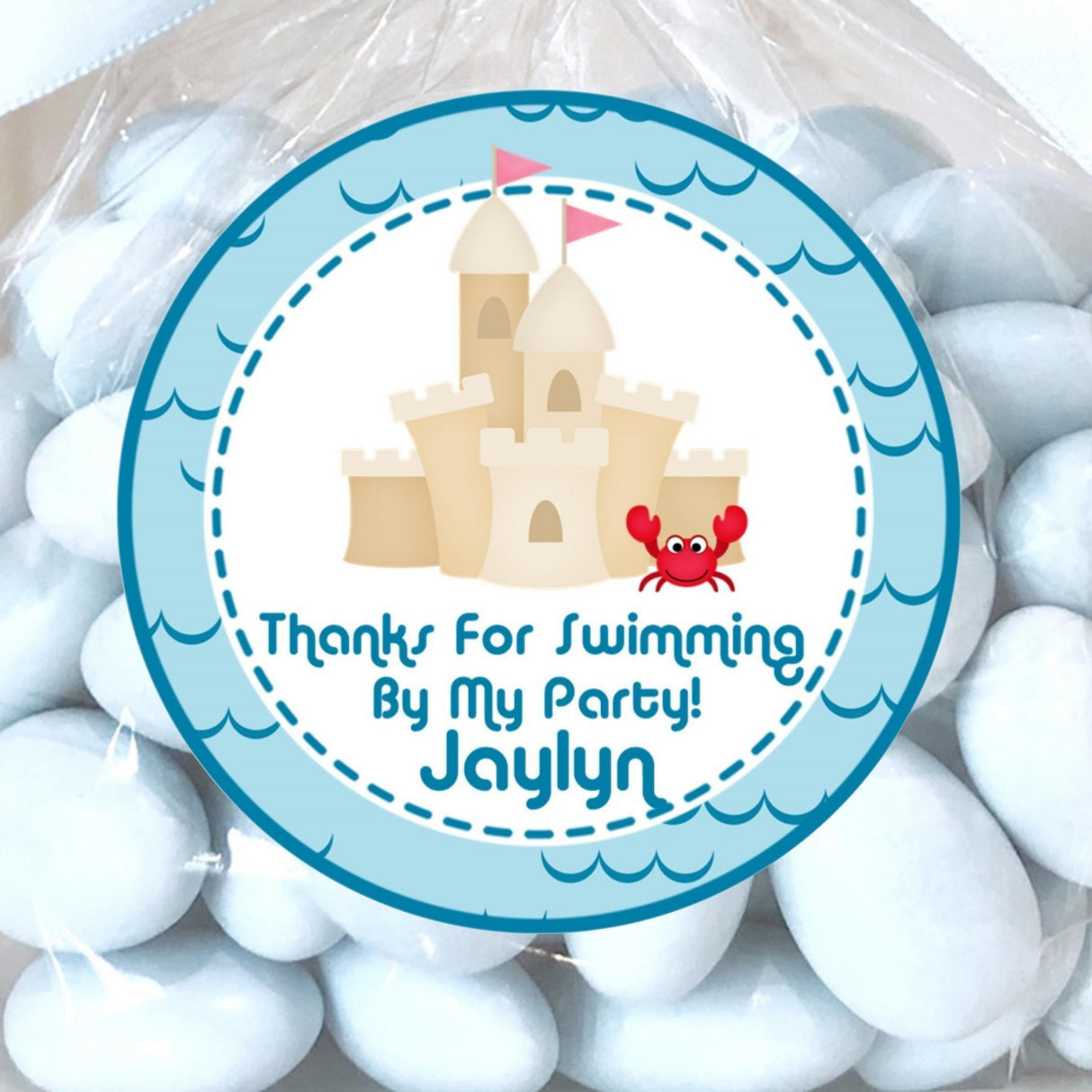 Aqua sandcastle birthday sticker with starfish accents