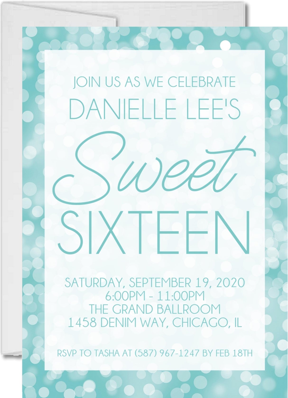 Aqua sweet 16 birthday invitations glitter bokeh design