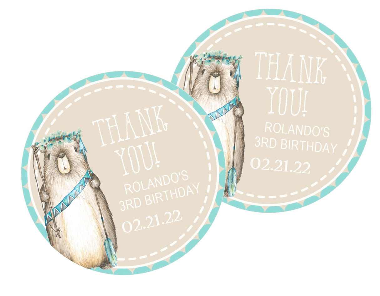 Aqua tribal woodland beaver birthday sticker with name and date
