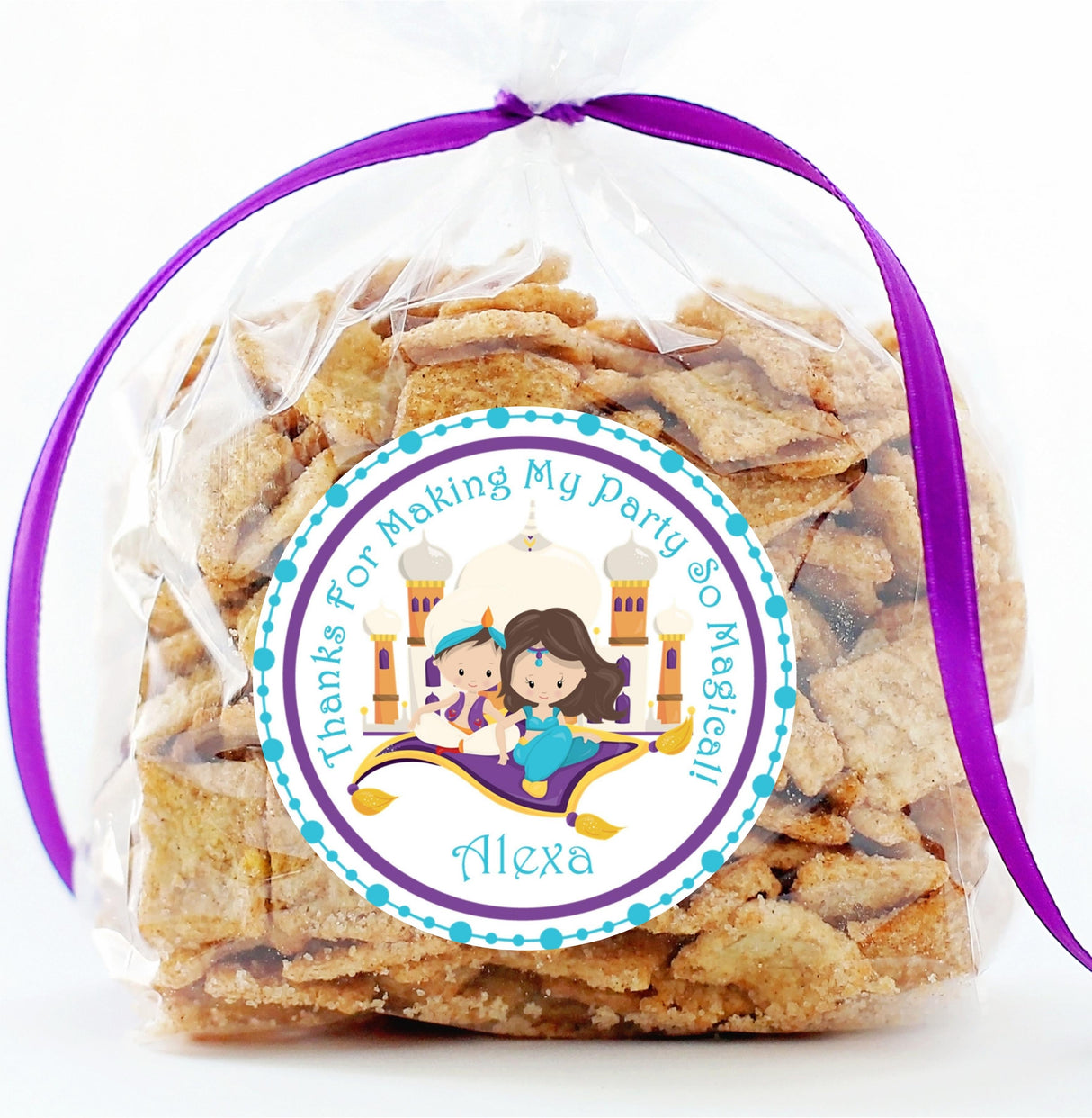 Arabian Nights birthday sticker with teal and purple border