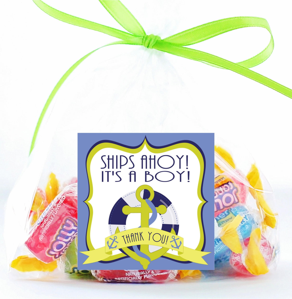 Navy & Lime “Ships Ahoy” Anchor Baby Shower Stickers