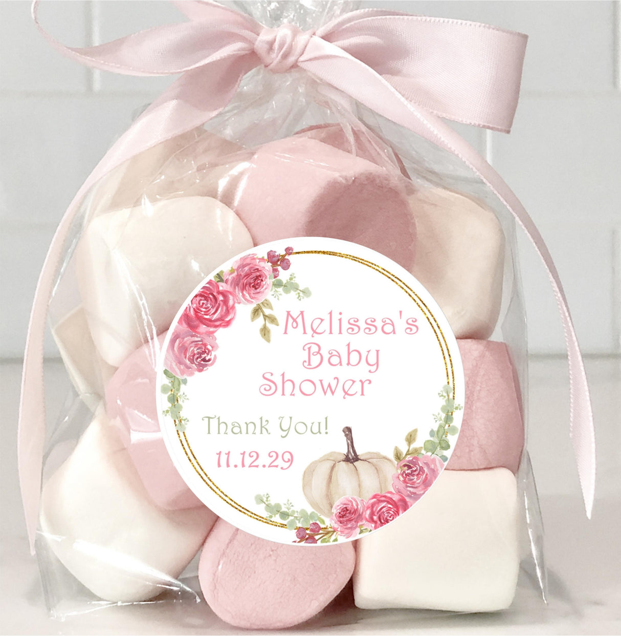 Pink Rose Pumpkin Baby Shower Stickers – Gold Accent Design