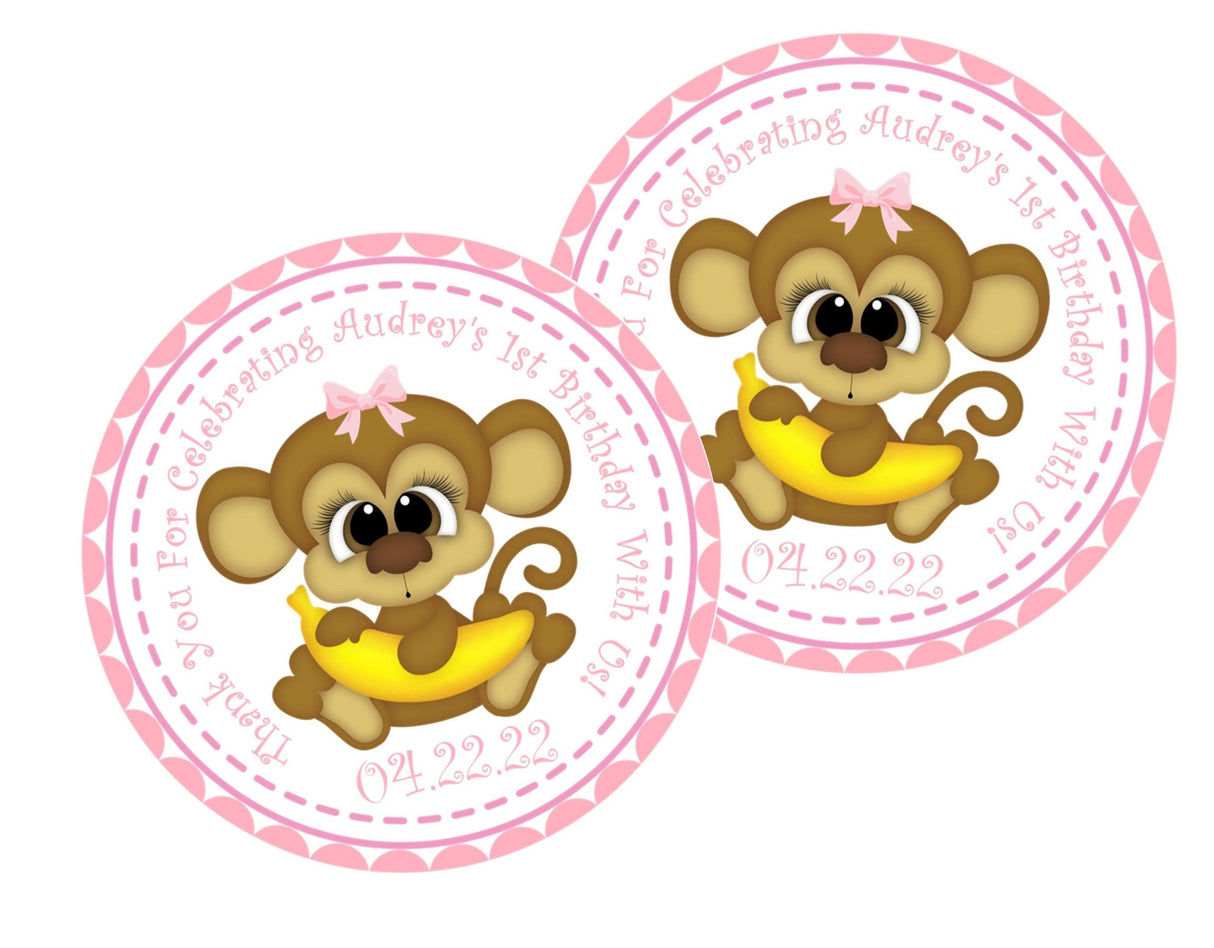 Baby monkey with pink bow party label