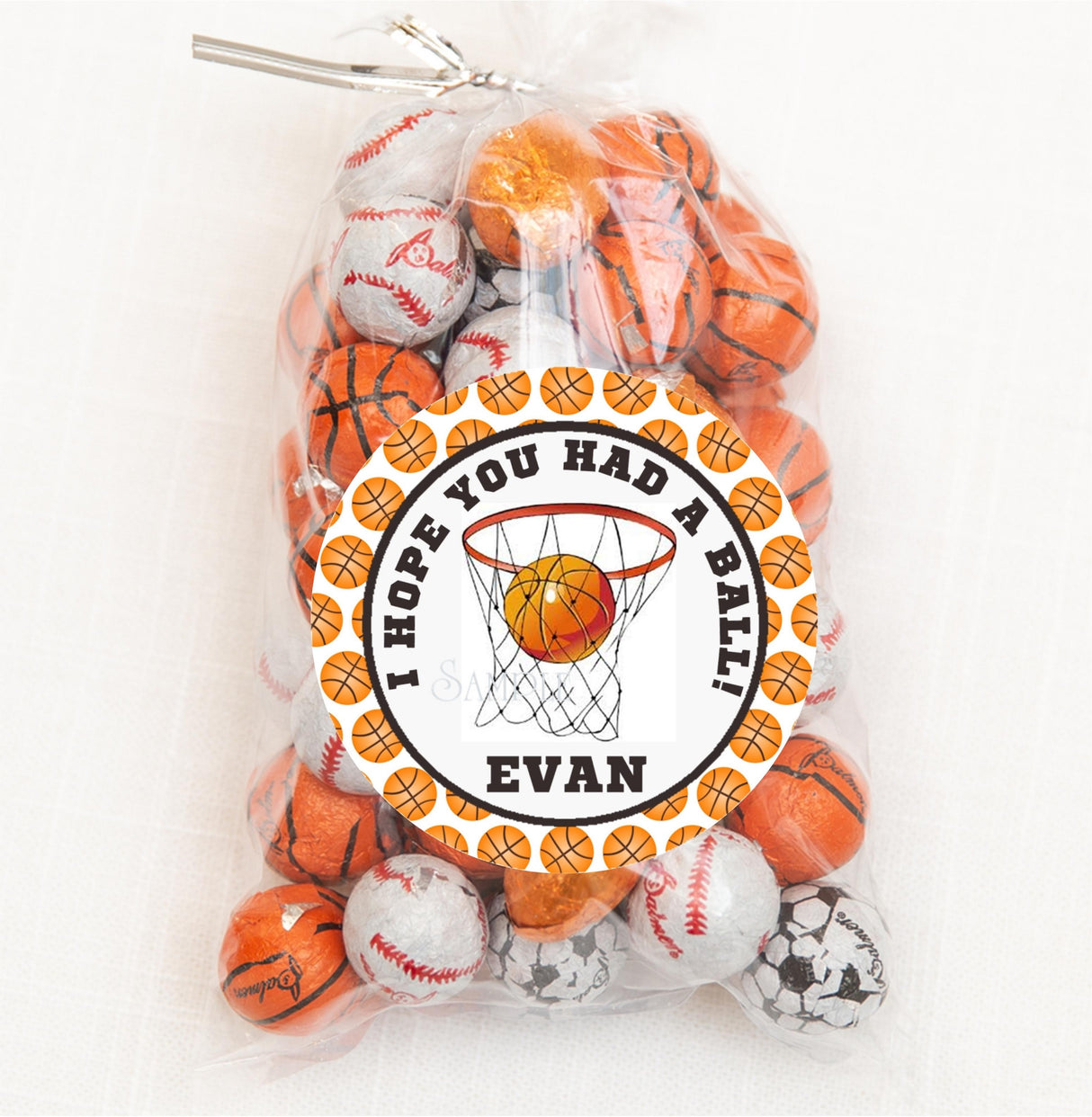 Basketball birthday sticker with hoop and ball slam dunk design