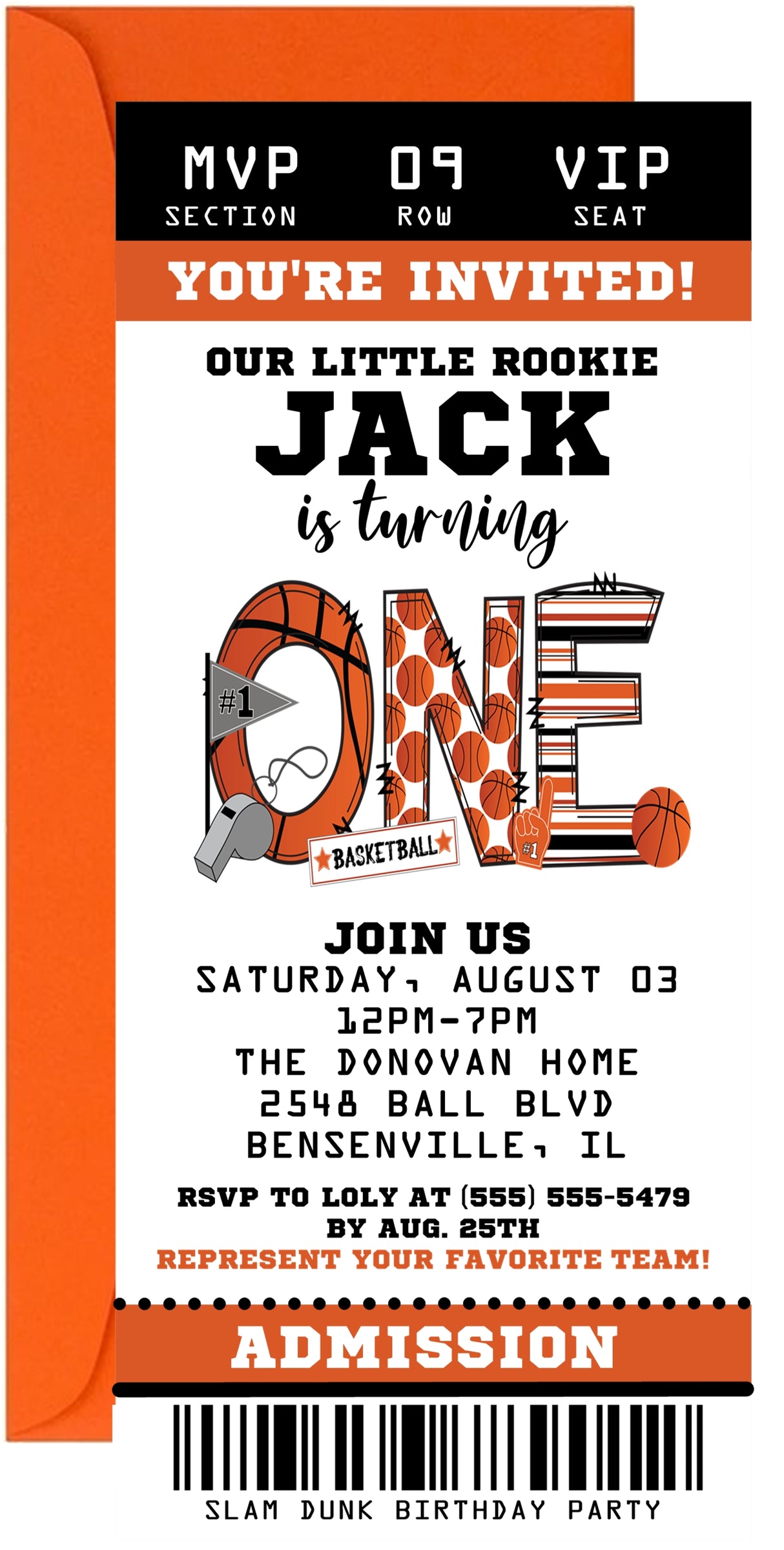 Basketball first birthday invitation featuring a basketball hoop and basketball themed artwork