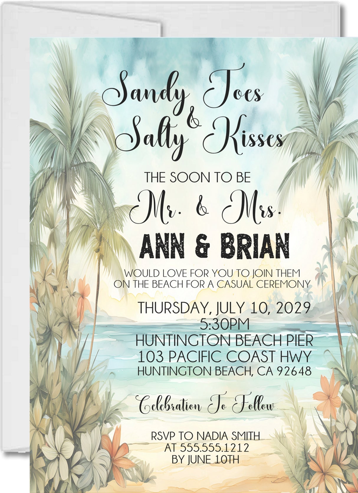 Beach wedding invitation featuring watercolor palm trees, tropical florals, and a coastal ocean scene.