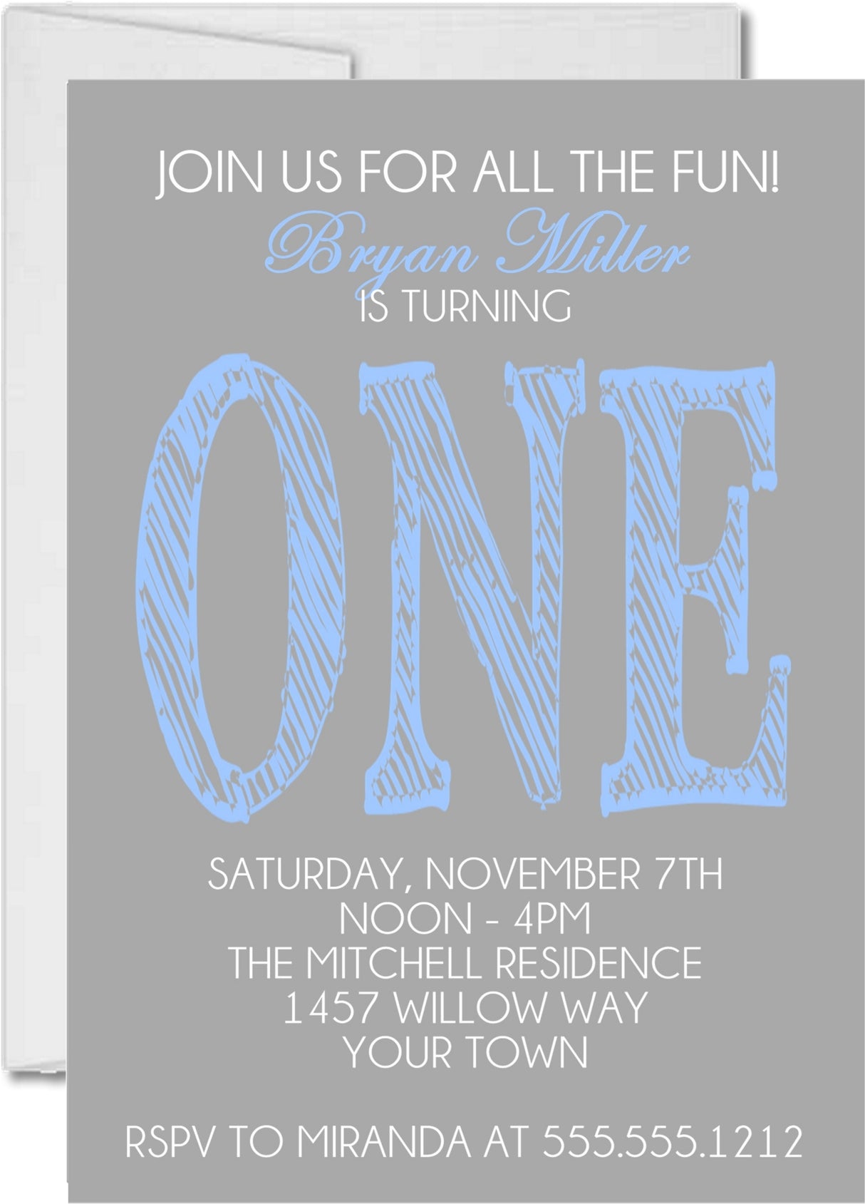 Grey And Blue 1st Birthday Party Invitations