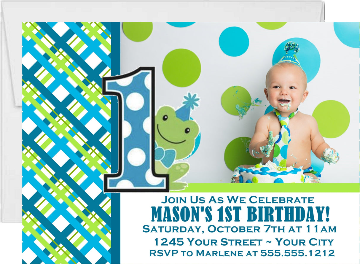 Boys Frog 1st Birthday Party Invitations
