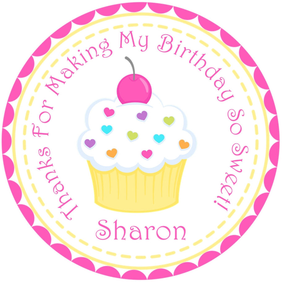 Birthday cupcake sticker with soft pastel design and circular layout