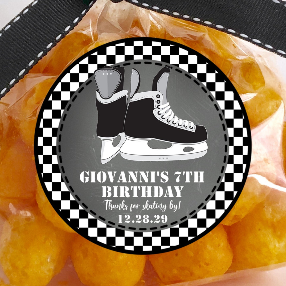 Black and white ice skating and hockey birthday party sticker with checkered border