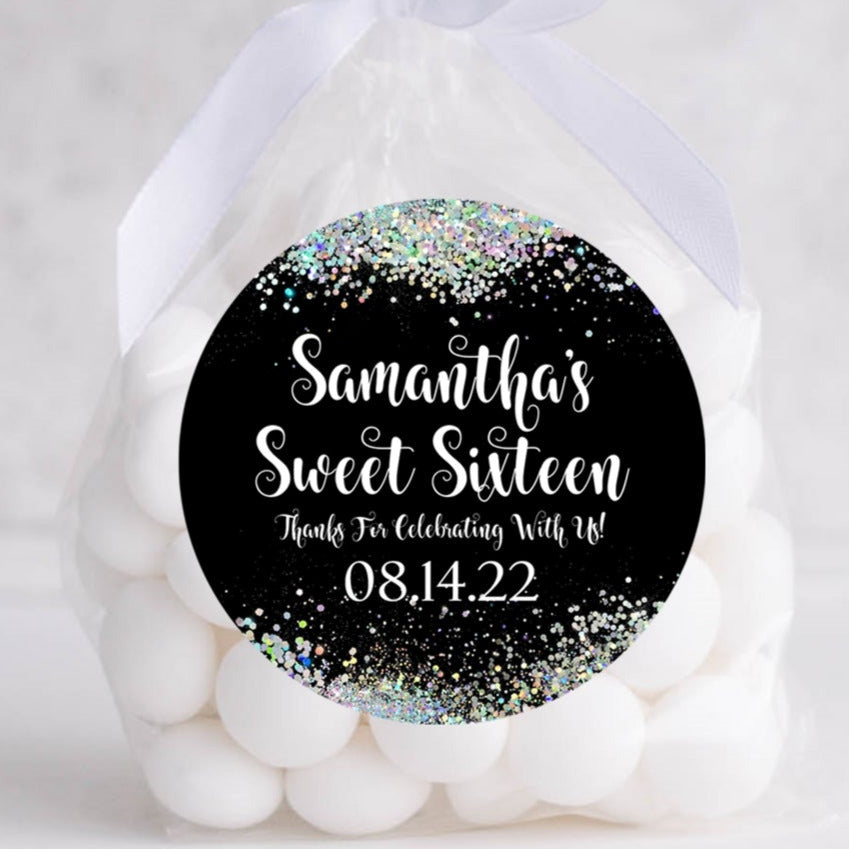 Black confetti Sweet 16 birthday sticker