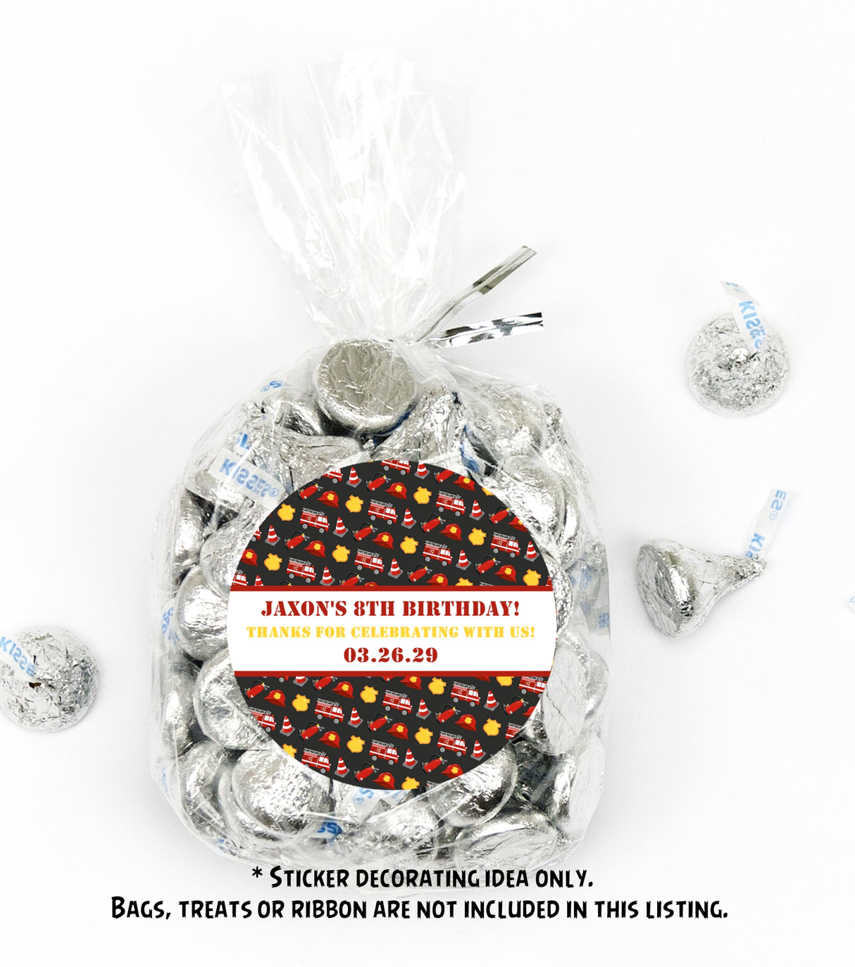 Black firefighter party sticker with rescue-themed illustrations