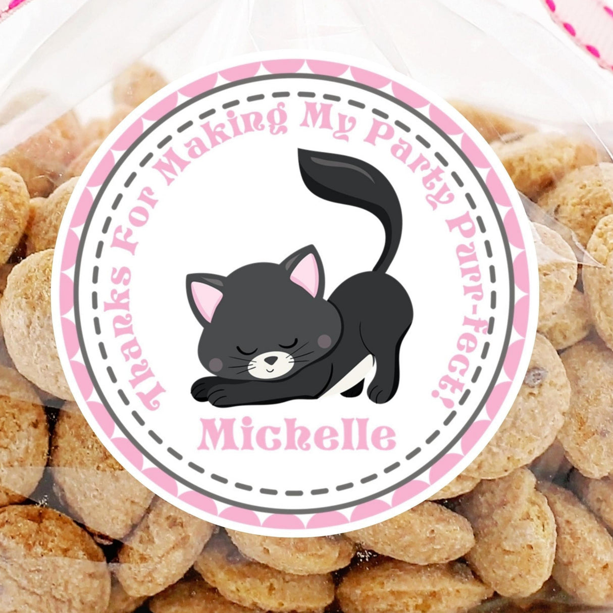 Black kitten birthday sticker with pink dotted border