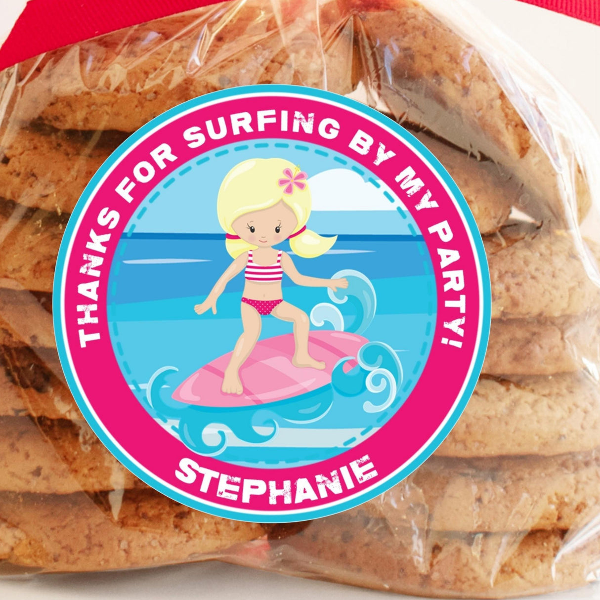 Blonde girl surfing on pink surfboard sticker