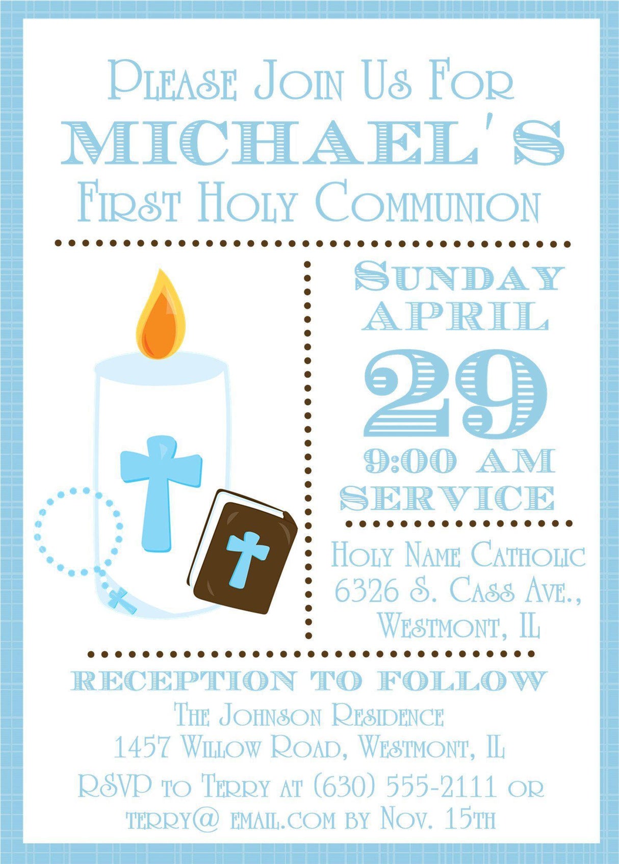 Blue And White First Communion Invitations