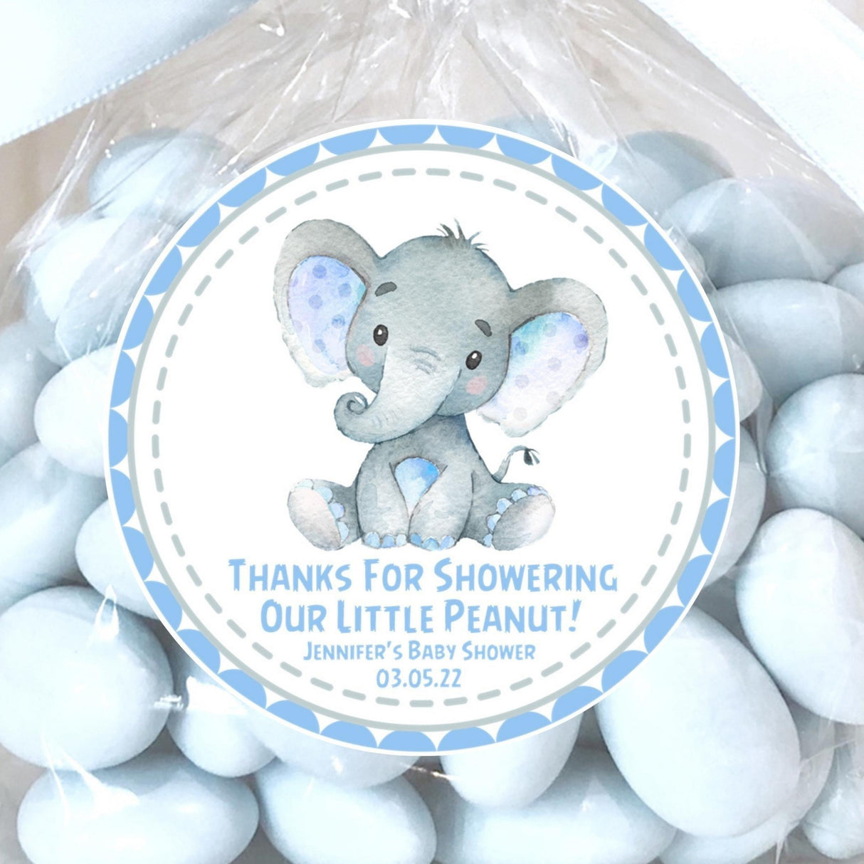 Blue elephant baby shower stickers – Little Peanut watercolor design