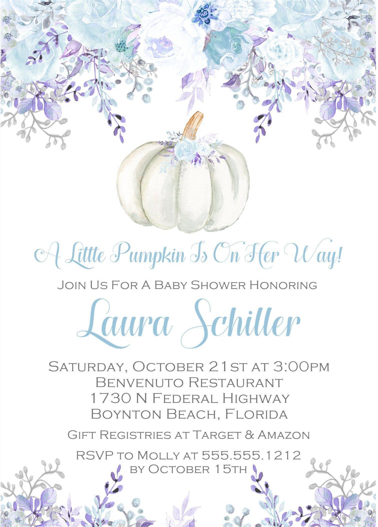 Blue & Lavender Fall Pumpkin Baby Shower Invitations
