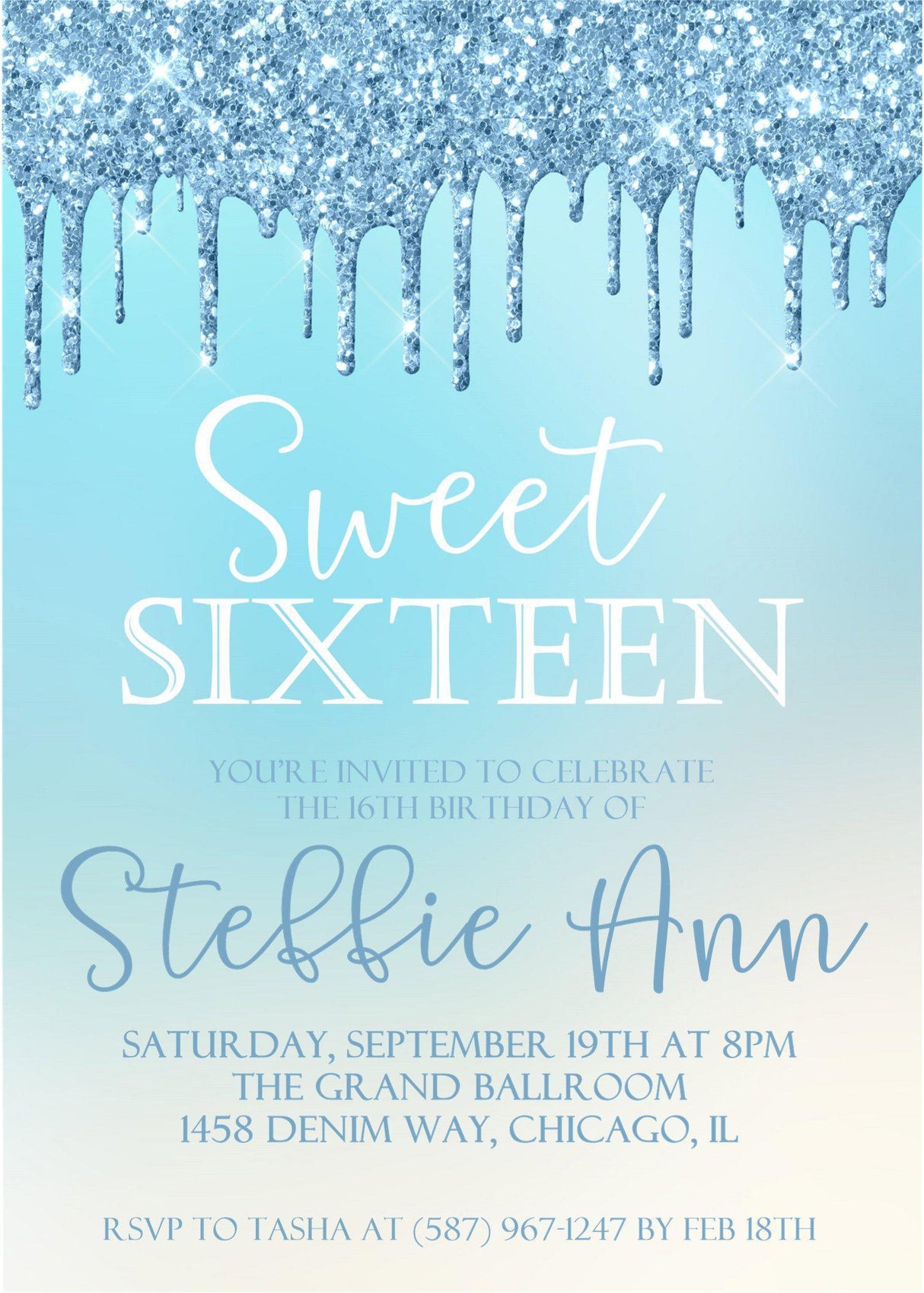 Blue Ombre Sweet 16 Party Invitations