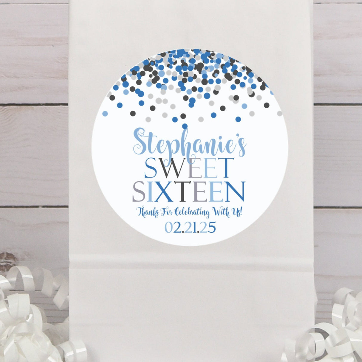 Blue Confetti Sweet 16 personalized birthday sticker