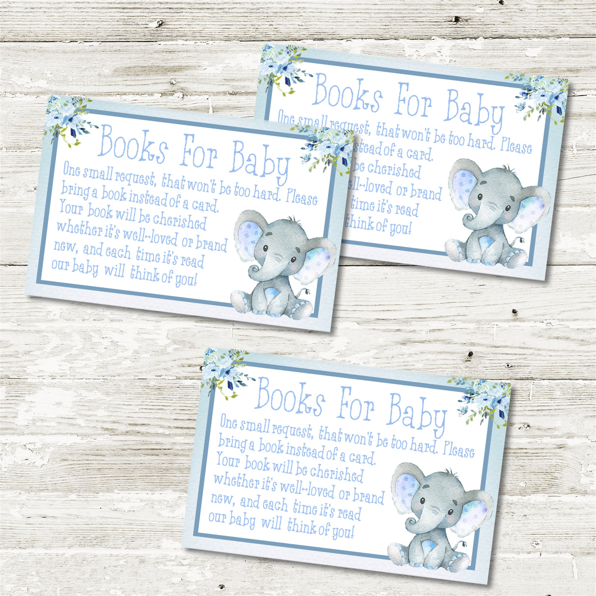Blue Floral Elephant Baby Shower Book Request Cards Printable PDF Download