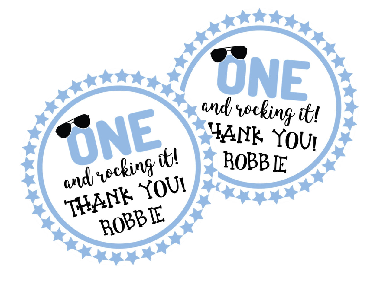 Blue “One and Rocking It” 1st birthday sticker with sunglasses