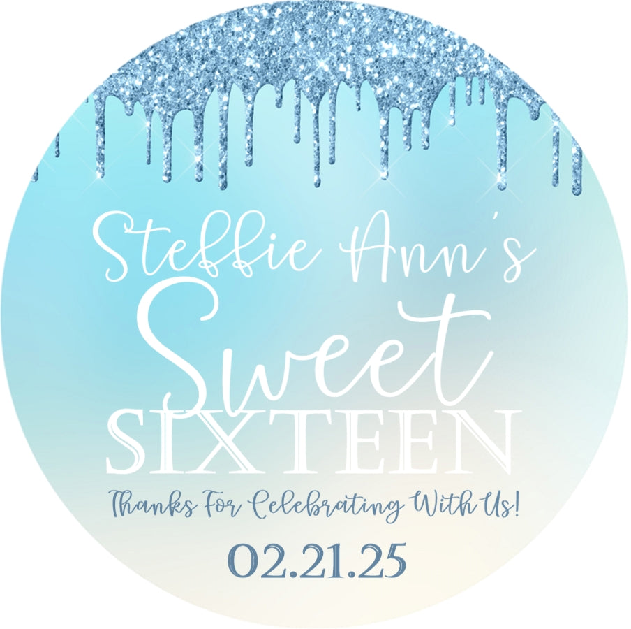Blue Sweet 16 sticker glitter drip and ombre designs