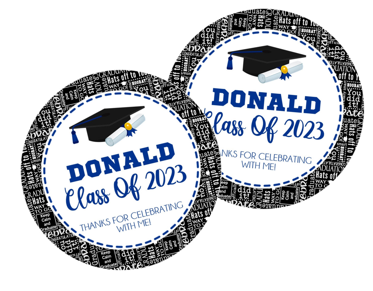 Blue and black graduation sticker on favor bag – personalized example