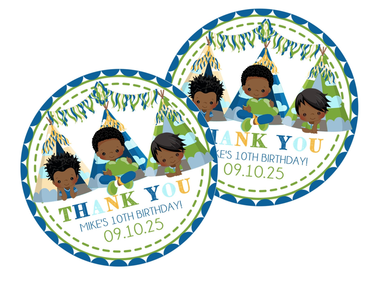 Blue and green campout slumber party favor label design