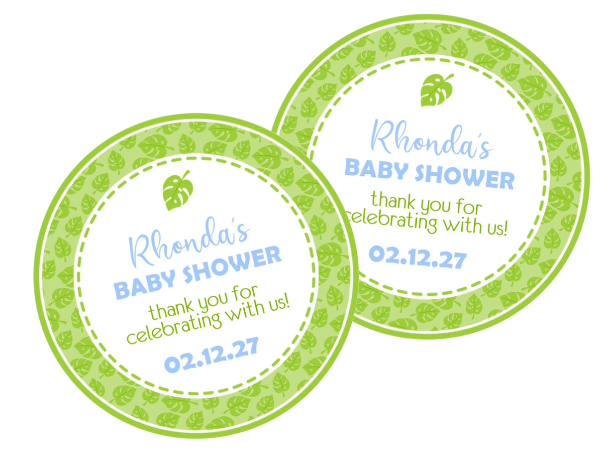 Blue and green tropical leaf baby shower sticker for boys
