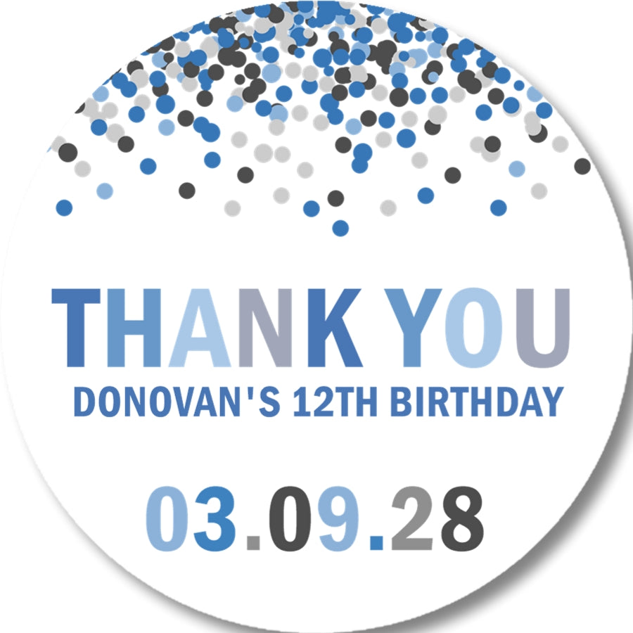 Blue and grey confetti party favor sticker with modern birthday design