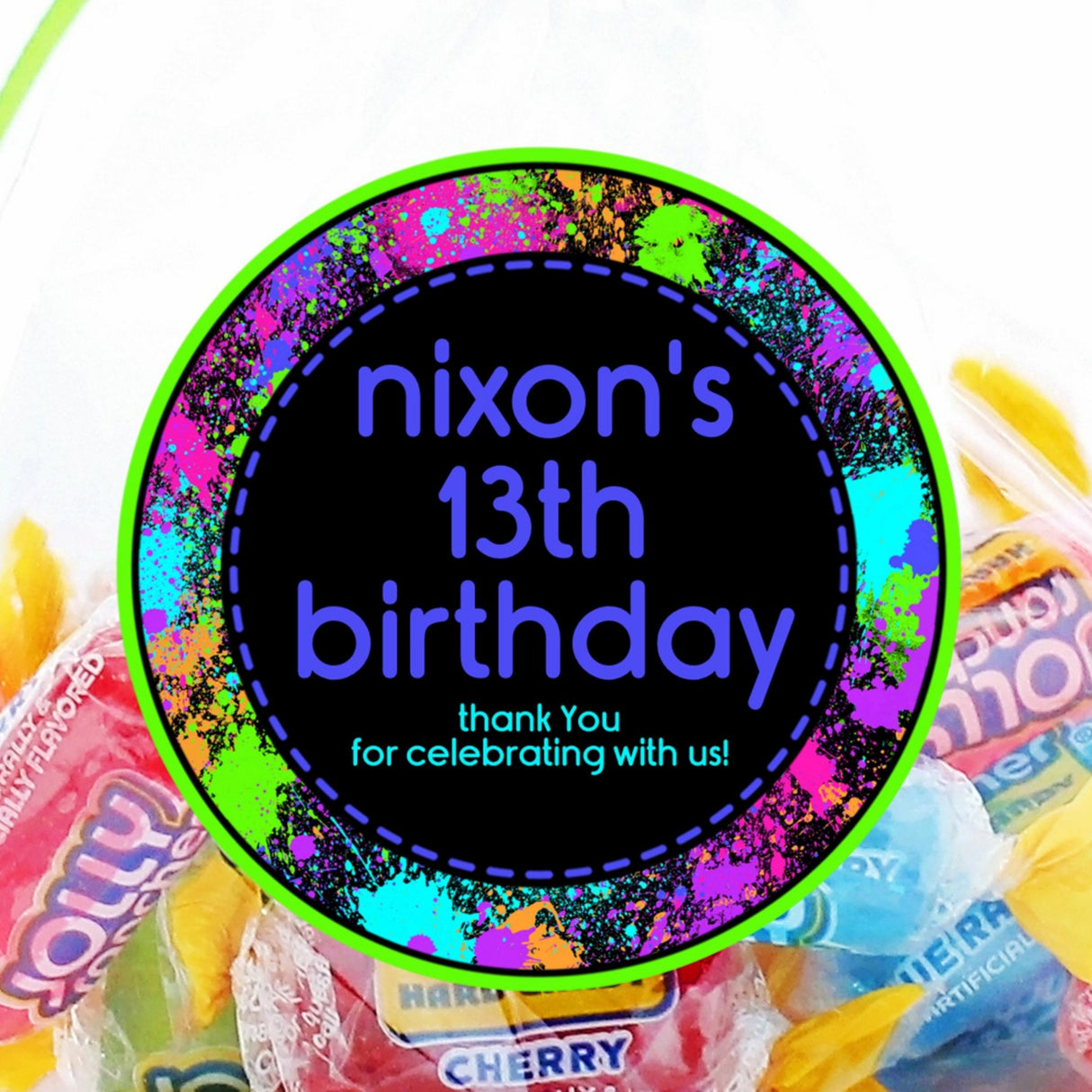 Blue and purple paintball birthday sticker with custom name