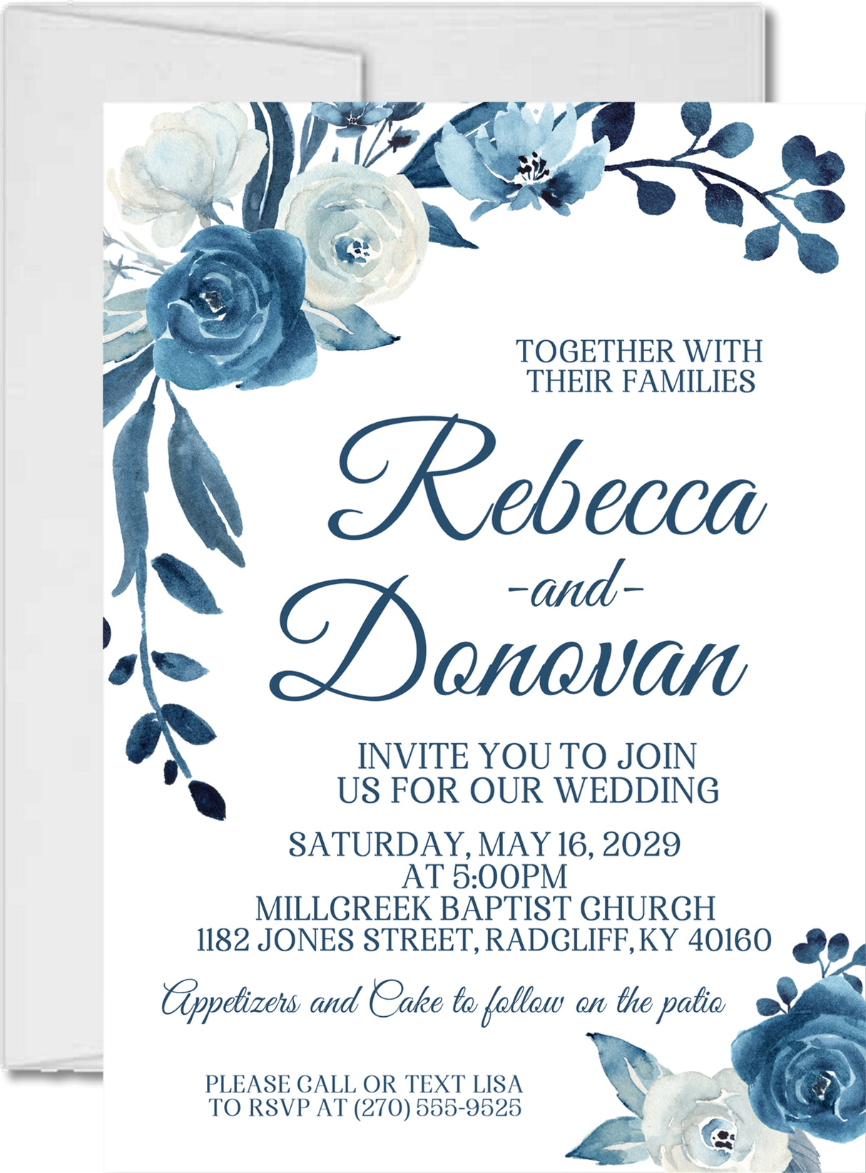 Blue and white floral wedding invitation featuring navy and ivory watercolor flowers.