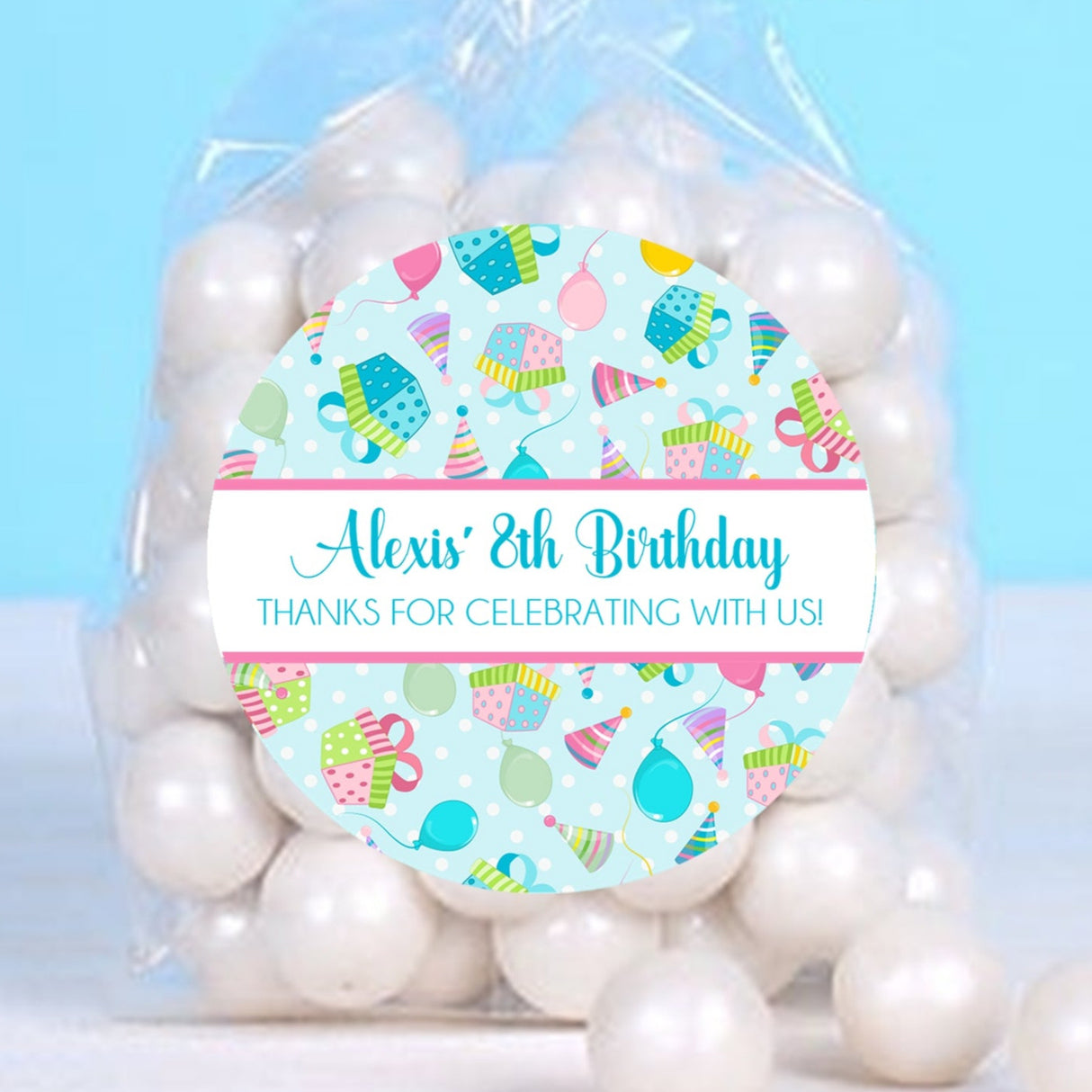 Blue birthday present stickers with colorful gift boxes and balloons