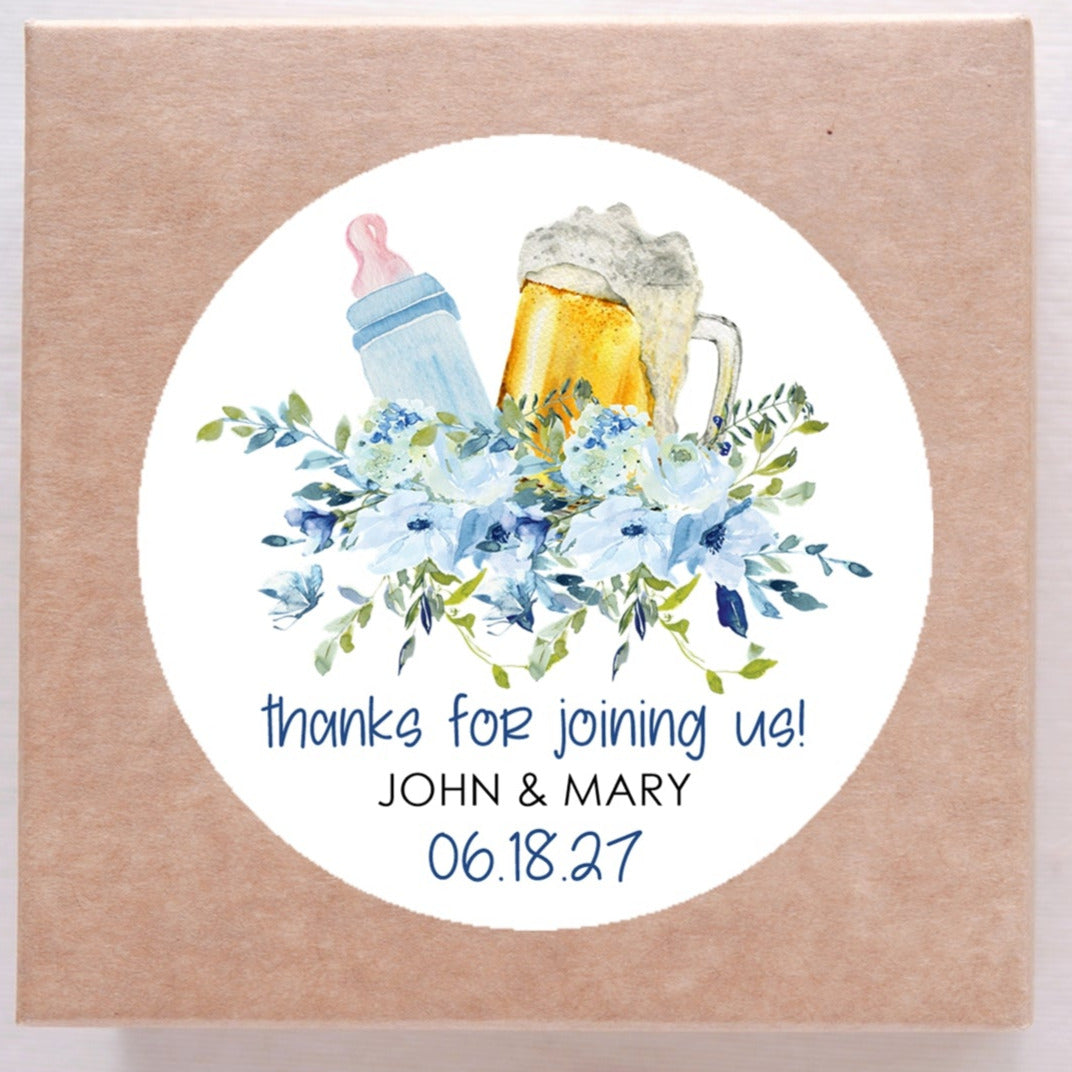 Blue bottles and beer baby shower stickers on white background