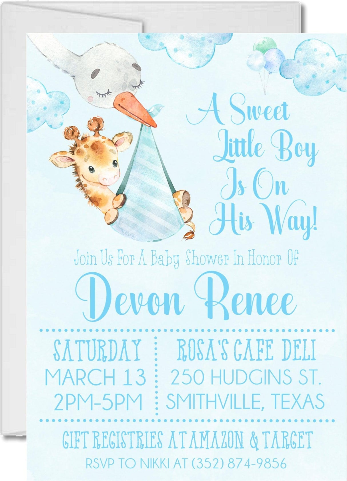 Blue boys safari baby shower invitations