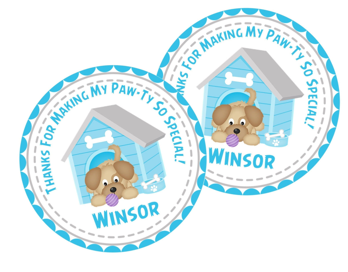 Blue doghouse puppy party favor label