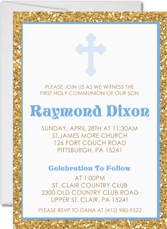 Blue first communion invitation with gold background and cross design