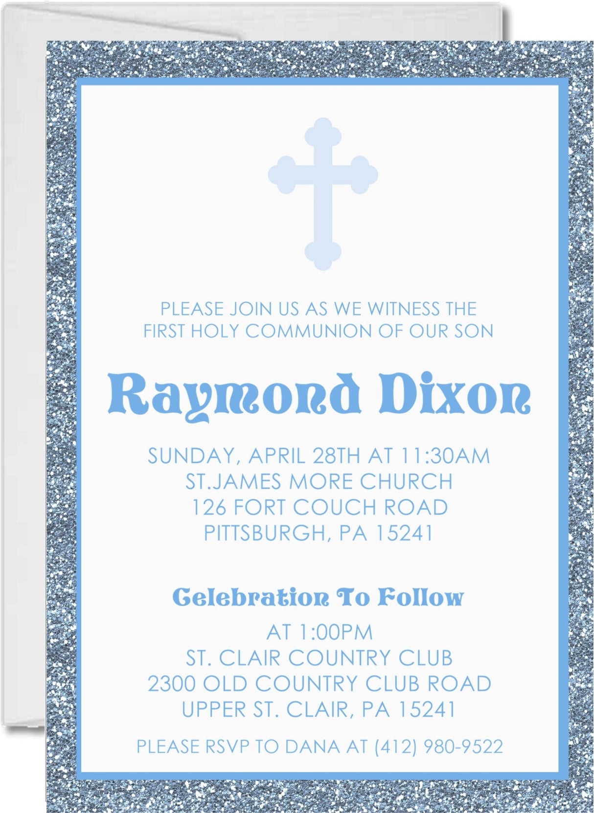 Blue first communion invitation with silver background and cross design