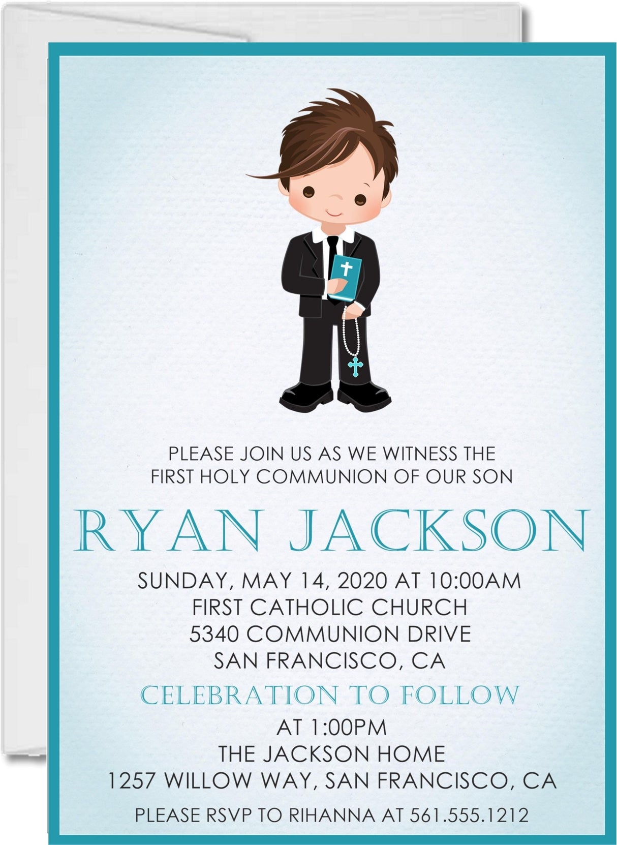 Blue first holy communion invitation for boys