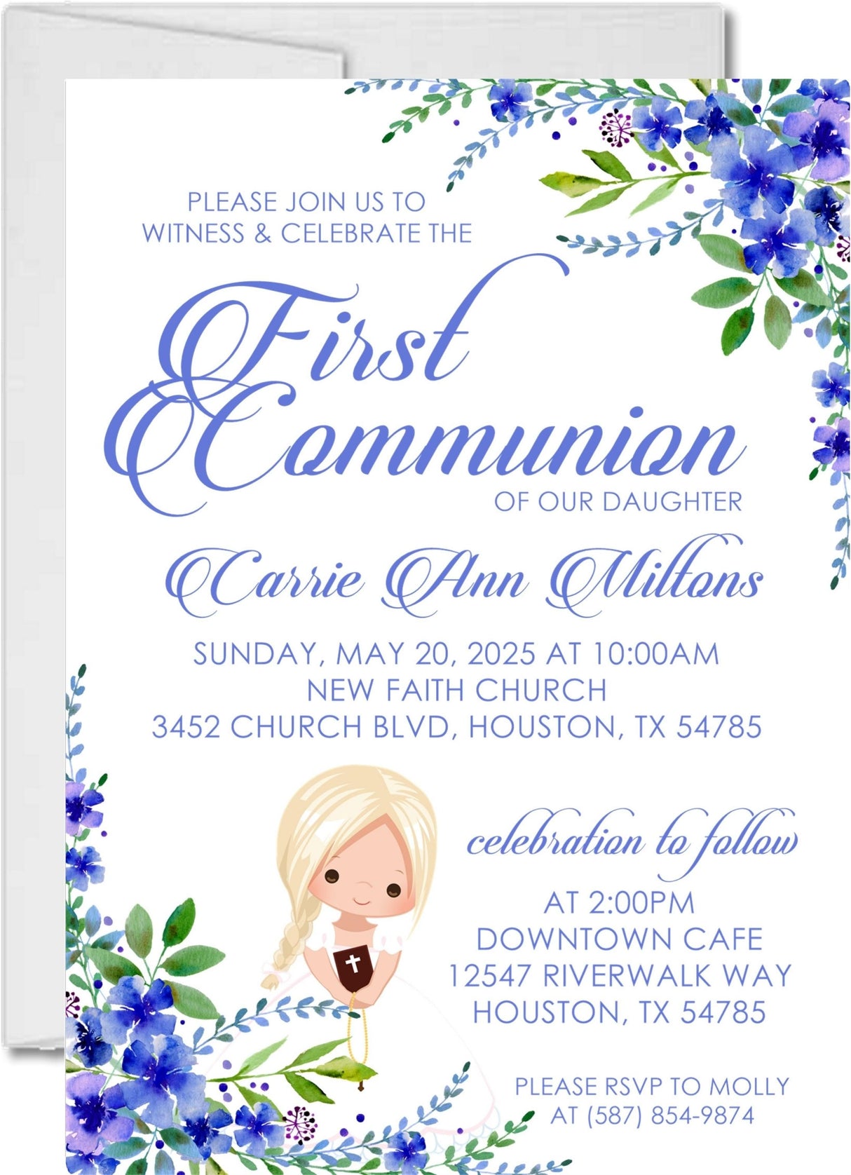 Blue floral first holy communion invitation for girls